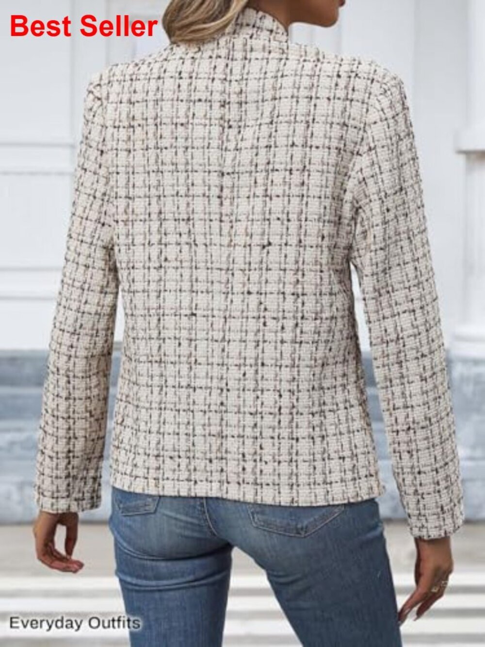 Open Front Tweed Blazer - Lightweight Plaid Stand Collar Lined Casual Work - Picture 5 of 7
